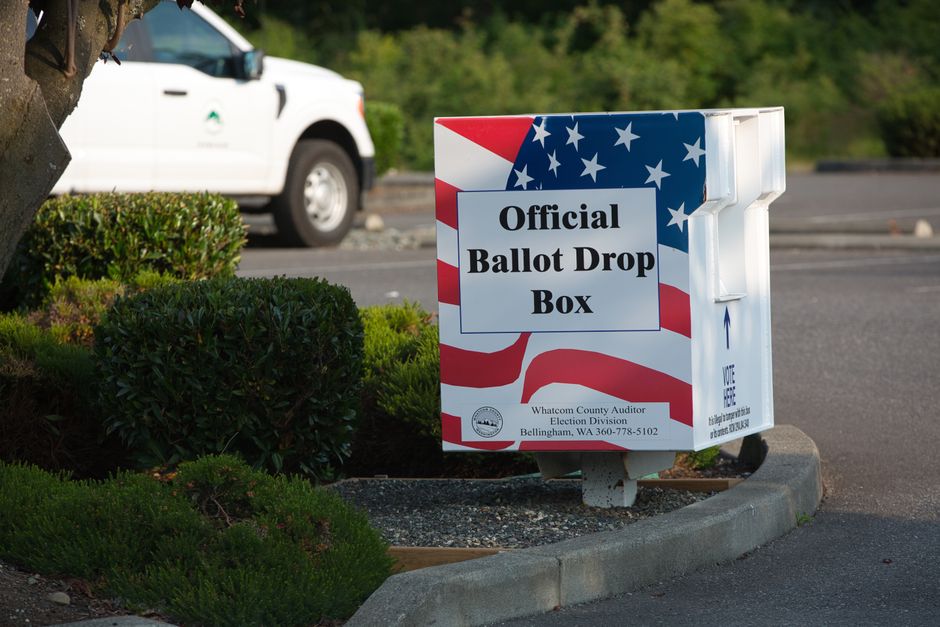 Official ballot drop box for elections in Ferndale, WA, highlighting civic participation.