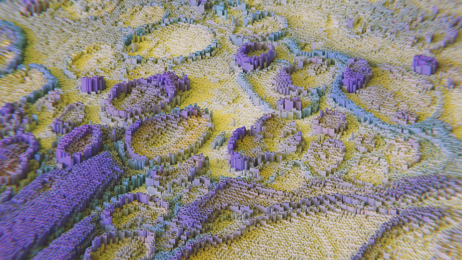Colorful 3D rendering resembling neural networks or data visualization.