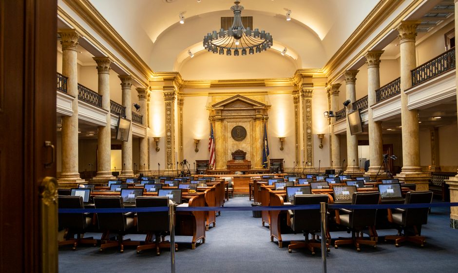 A grand government chamber with elegant columns and seating. Perfect for politics or architecture themes.